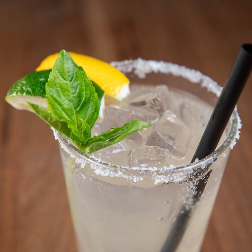 Club Special Cocktail With A Salted Rim Garnished With Lime Lemon And Mint.