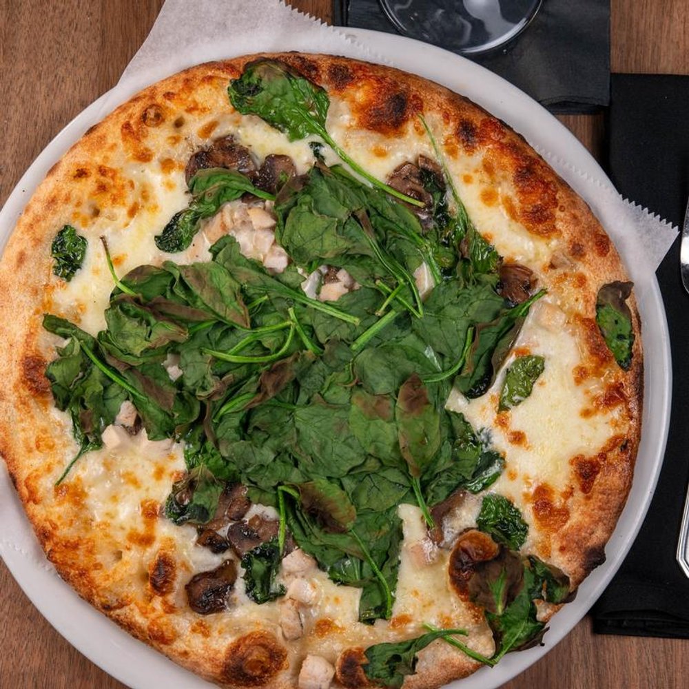 White Chicken Pizza With Spinach.